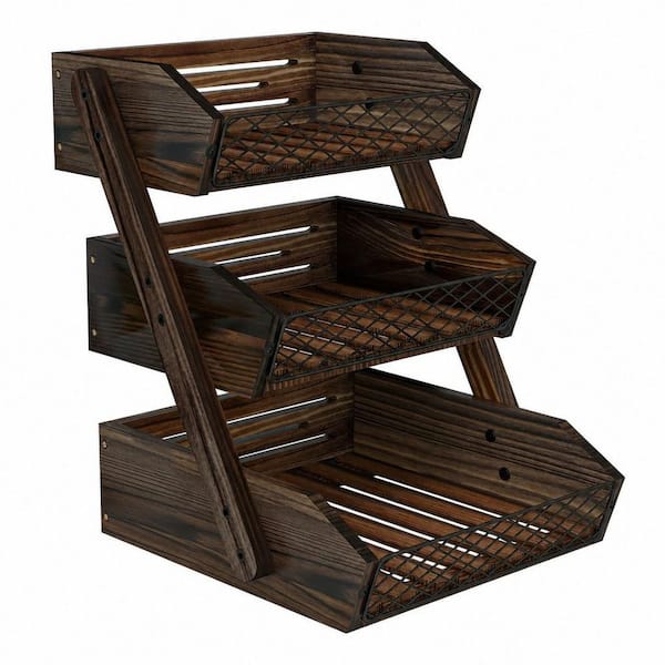 1-Piece Rustic Brown Solid Wood 3 Tier Fruit Basket for Kitchen, Fruit Bowl for Kitchen Counter, Wooden Vegetable Holder
