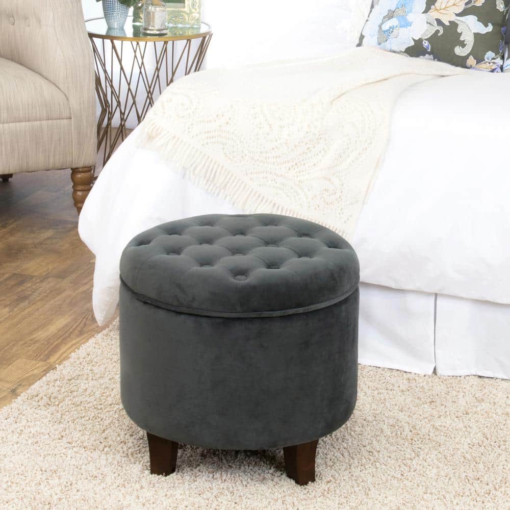 Dark Gray Velvet Tufted Round Storage Ottoman