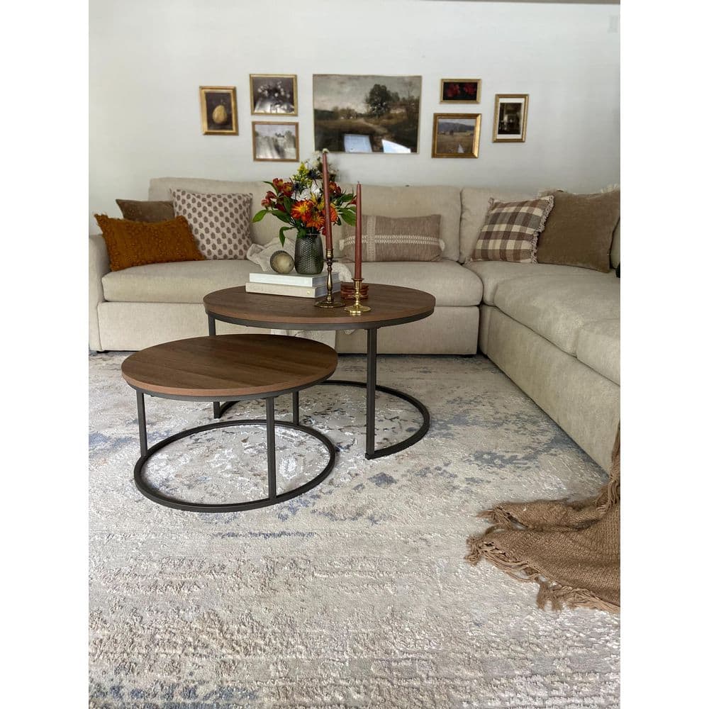 Stella Reclaimed Oak Round Nesting Coffee Table Set with Metal Base