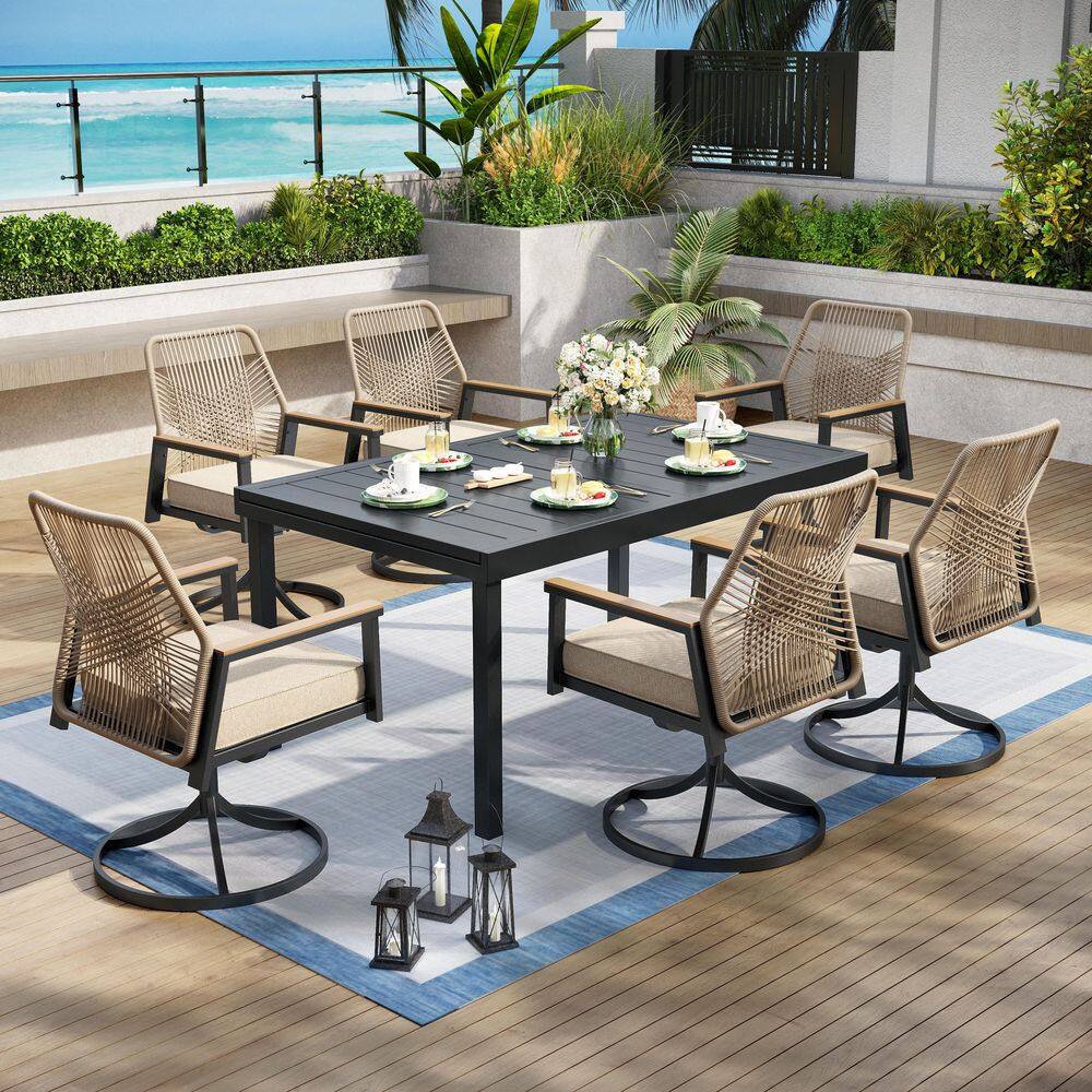 7-Piece Black Metal Patio Outdoor Dining Set with Extendable Rectangle Table and Woven Rope Chair with Beige Cushions price history on PriceWatchPro