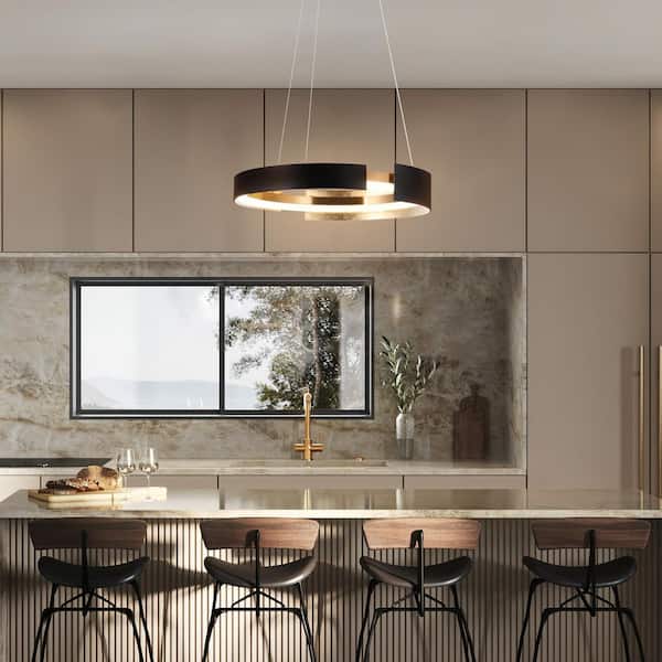 Modern Chandelier Lights, 1-Light 24W Ring Integrated LED Light Fixture, Black and Gold Pendant Light for Kitchen Island
