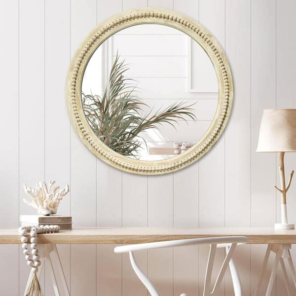 28 in. W x 28 in. H Bohemian Carved Beaded Round Wood Frame Wall Mirror Decorative Mirror