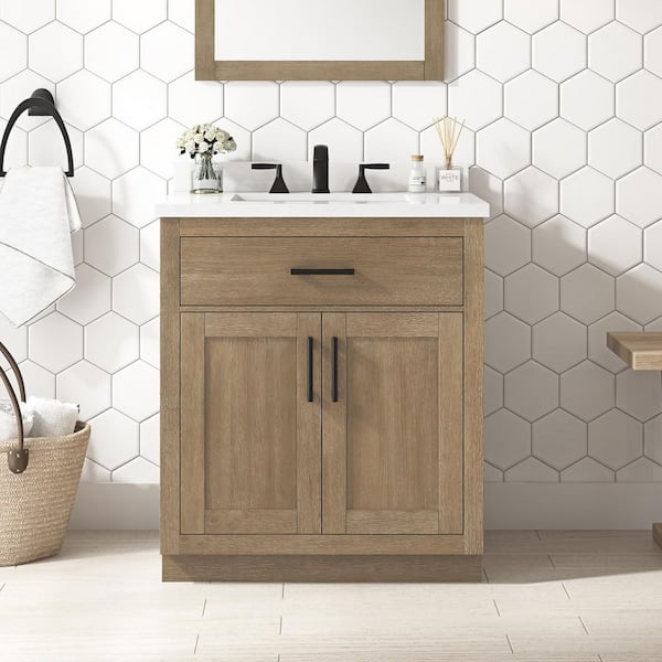 Bailey 30 in. Freestanding   Driftwood Oak Bath Vanity with White Quartz Top and Matte Black Hardware