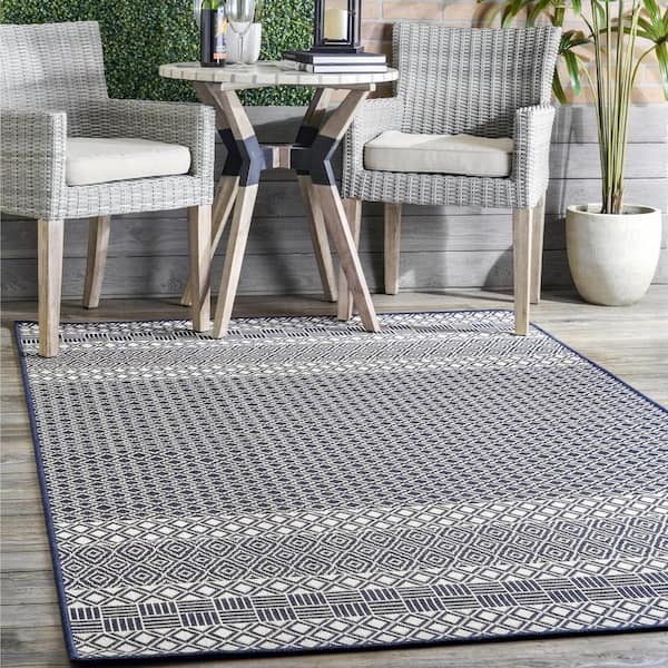 Adelpha Coastal Striped Lattice Blue 5 ft. x 8 ft. Indoor/Outdoor Patio Area Rug