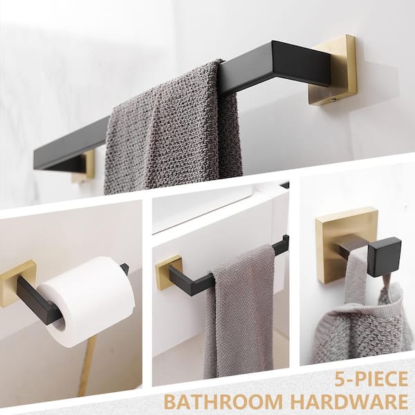 Bathroom Hardware 5-Piece Bath Hardware Set with Towel Bar, Robe Hook, Toilet Paper Holder in Black and Gold