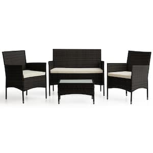 Iris Brown 4-Piece Rattan Outdoor Conversation Seating Set and Patio Table with White Cushions