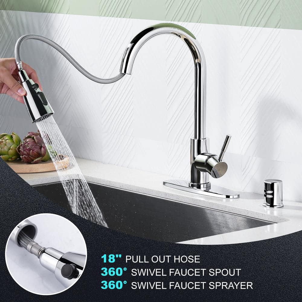 Polished Chrome Stainless Steel Pull-Down Kitchen Faucet with Air Gap Kit