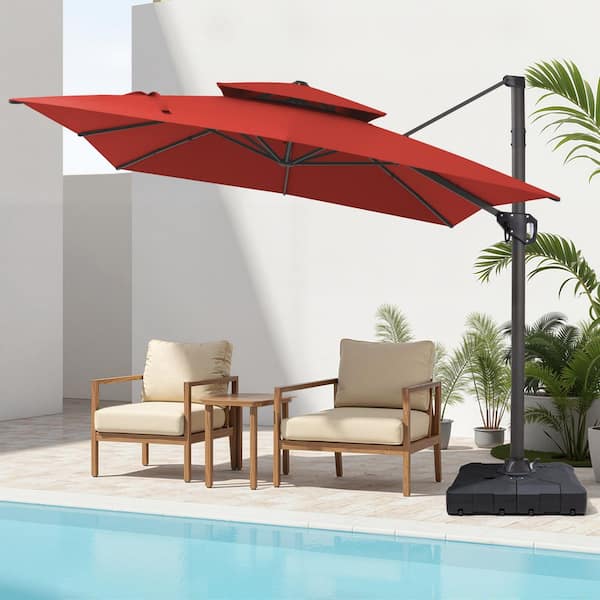11 ft. x 9 ft. Aluminum Double Top 360° Rotation Cantilever Tilt Outdoor Patio Umbrella in Red With Wheeled Base
