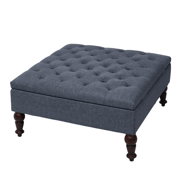 Maypex W33.8 in. x D33.8 in. x H16.9 in. Denim Blue Fabric Upholstered Square Tufted Storage Ottoman with Solid Wood Legs