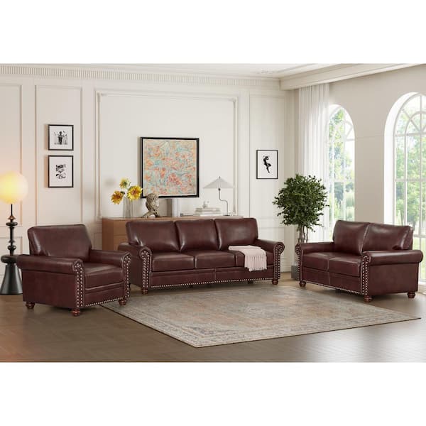 Classic Mid Century Brown Pu Leather Living Room Storage Sofa Set Couc