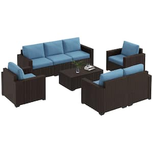 5-Piece Wicker Patio Conversation Set with Blue Cushions