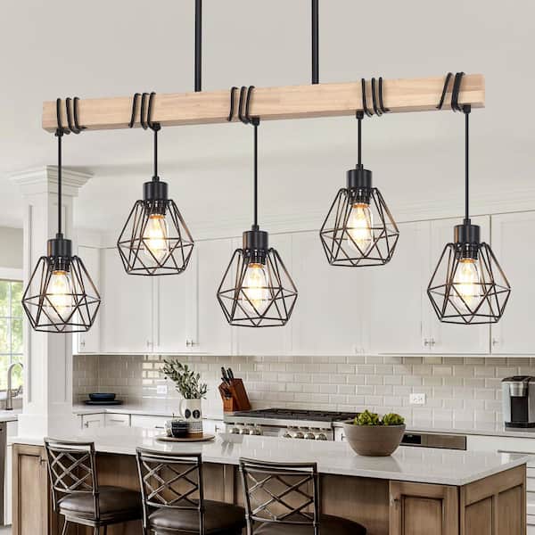 ZSMIHDOH 5-Light Rustic Farmhouse Metal and Wood Kitchen Island Pendant Light
