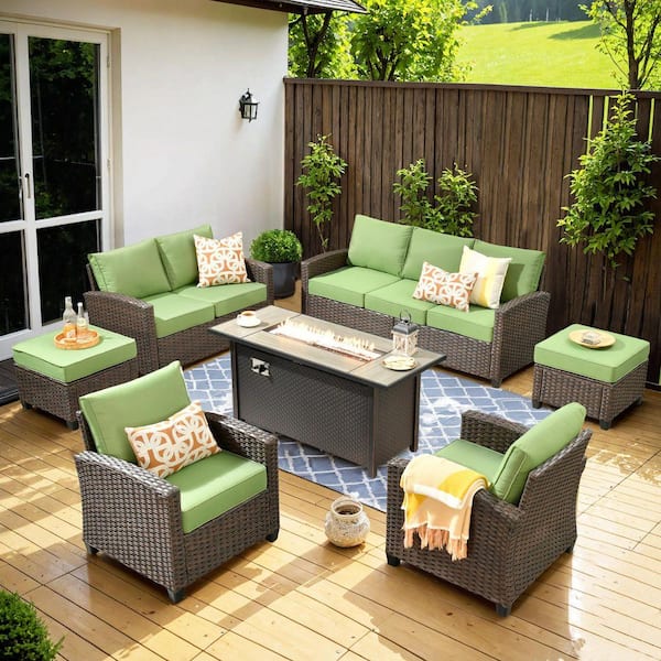 Palermo Brown 7-Piece Wicker Outdoor Modular Patio Furniture Sofa Set with Metal Fire Pit and Green Cushions