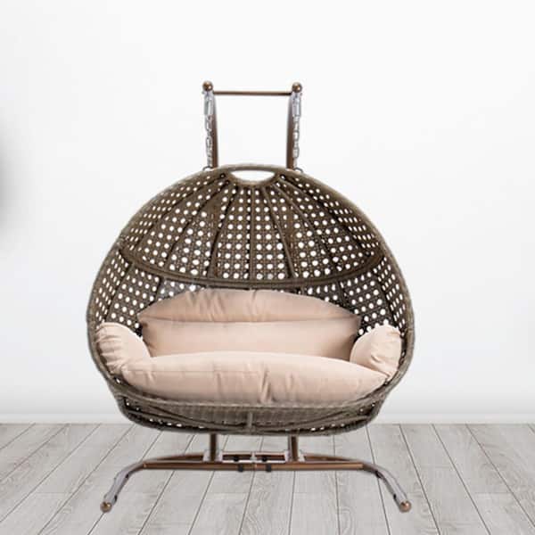 Brown Wicker Swing Hanging Double-Seat Patio Swing Chair with Stand with Beige Cushion
