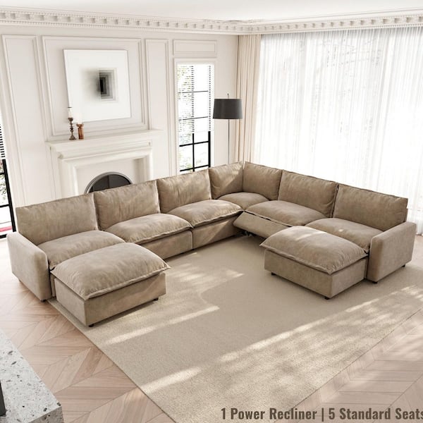 Power Recliner 140 in. Square Arm Khaki Linen 8-Piece U-Shaped Modular Sectional Sofa w/ Ottomans, Heat and USB Ports