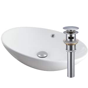 Bianco Uovo Porcelain Vessel Sink in White with Drain in Chrome