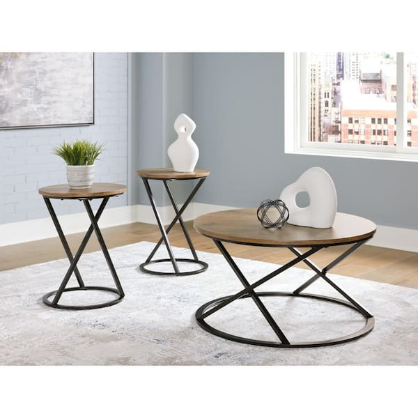 Cassbryn 34 in. Brown/Black Round MDF Coffee Table with 3 Pieces