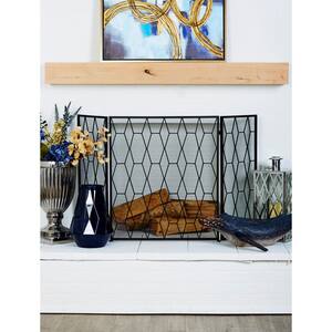 Black Metal Geometric Foldable Mesh Netting 3 Panel Fireplace Screen