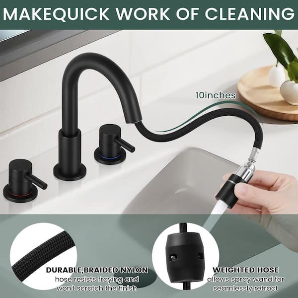 2 handle Pull down Spout 8 in. Widespread Bathroom Faucet 3 Hole Bathroom Sink Faucet in Matte Black