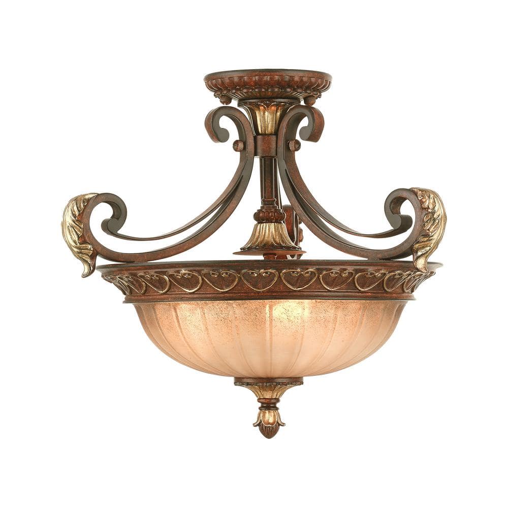 Villa Verona Rustic Art Glass 3-Light Pendant in Bronze and Gold