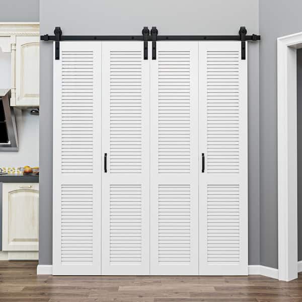 72 in. x 84 in. Solid Core Composite MDF White Finished Louver Closet Bi-Fold Door Sliding Barn Door with Hardware Kit