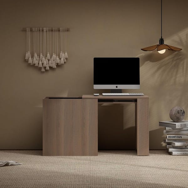 FUFU&GAGA 33.5 in. W Rectangle Brown Wood Grain Wooden 3-Drawer Computer Desk with 4-Shelf & Extendable Top Storage Space