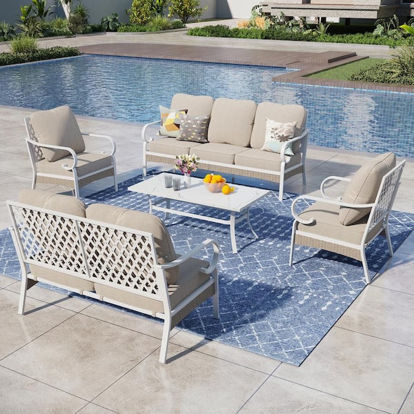 PHI VILLA White 5-Piece Metal Outdoor Patio Conversation Seating Set with Marbling Coffee Table and Beige Cushions