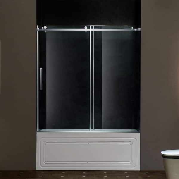 WOODBRIDGE 60 in. W x 62 in. H Single Sliding Frameless Tub Door in Brushed Nickel with 5/16 in. (8 mm) Clear Glass