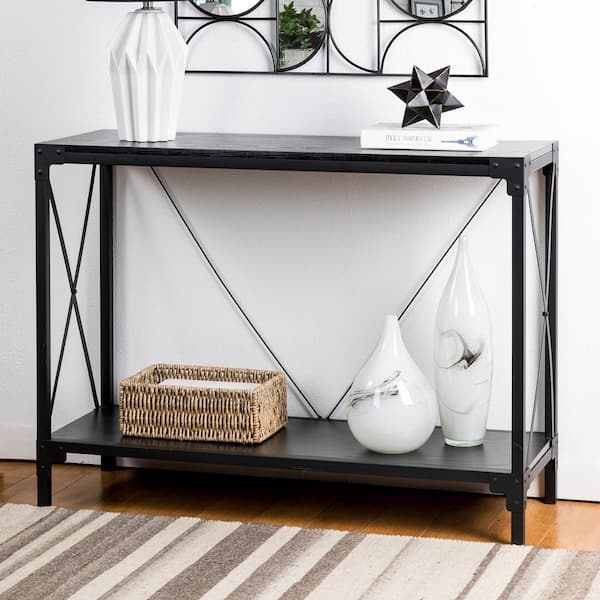 Glitzhome 43.25 in. L Rectangle Black Modern Industry Metal/Wooden Brown Console Table - Oak Melamine