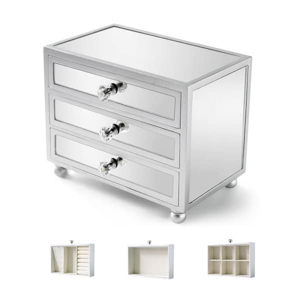 Unbranded 3-Layer Mirror Glass Jewelry Box for Women, Girls for Earring, Ring, Necklace, Bracelets, Sliver