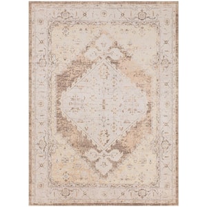 Astra Machine Washable Beige 4 ft. x 6 ft. Center medallion Traditional Area Rug