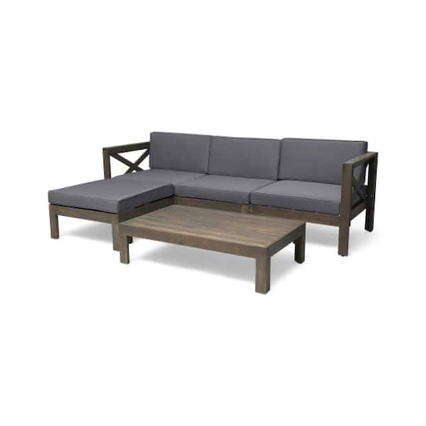 Misopily 5-Piece Outdoor Wooden Gray Patio Conversation Sectional Seating Set with Dark Gray Cushions for Lawn, Balcony, Backyard