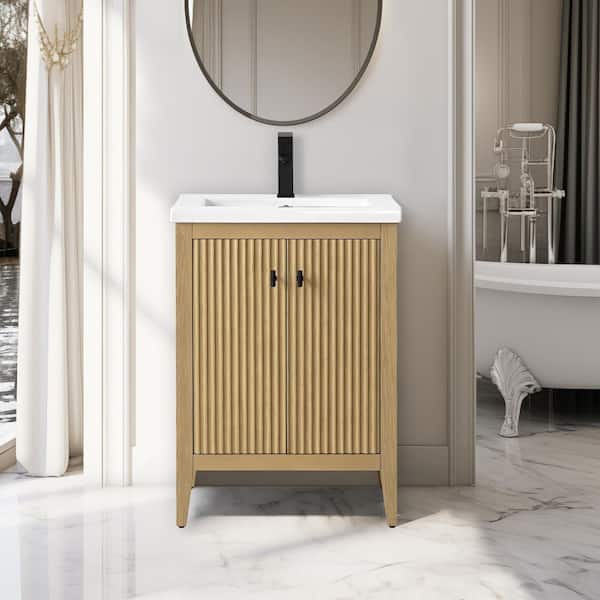 24 in. W x 18.5 in D x 34 in. H Single Sink Linear Natural Oak Bath Vanity Cabinet with White Ceramic Top