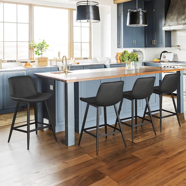 Abraham 24 in. Black Metal Counter Height Bar Stool Faux Leather Bucket Bar stool with Back Counter Stool (Set of 4)