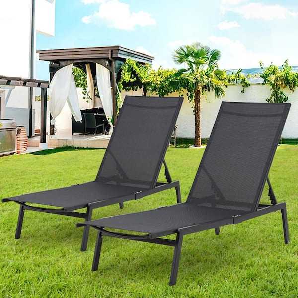 AECOJOY Black Foldable 7-Position Metal Outdoor Lounge Chair (2-Pack)