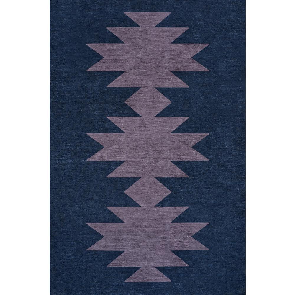 Navy and Purple Geometric Chenille 4' x 6' Washable Rug