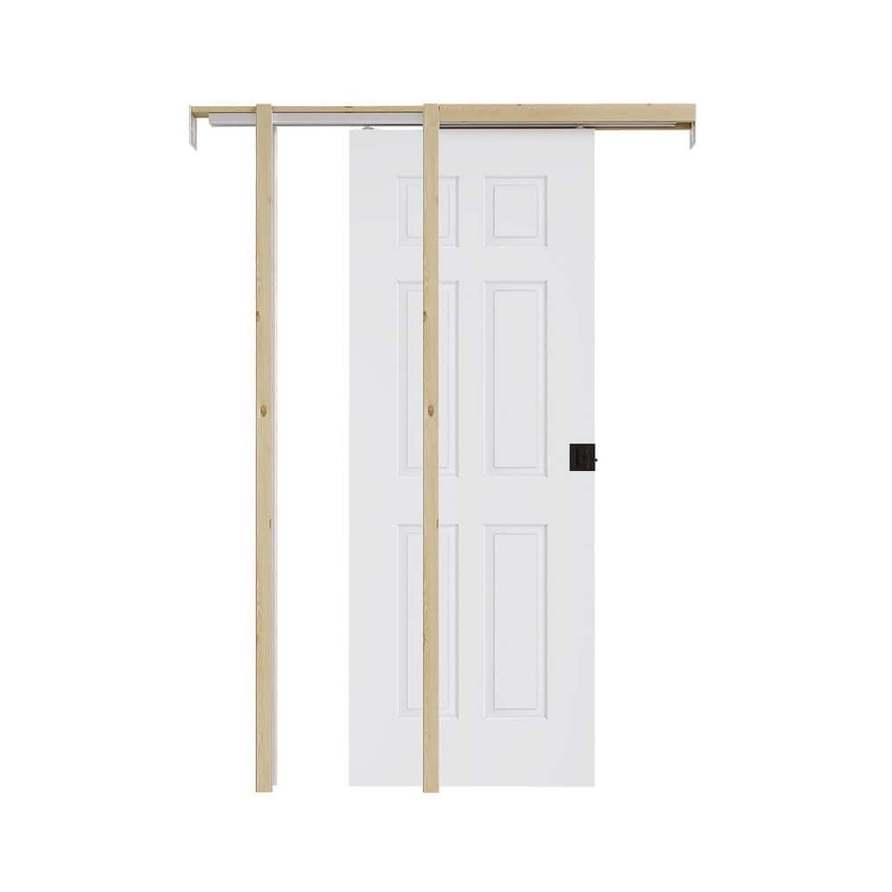 32 in. x 80 in. White Primed 6-Panel Molded Wood Pocket Door with Frame and Hardware (Soft Close and Black Lock Incl) price history on PriceWatchPro