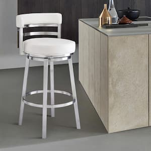Madrid Contemporary 30 in. Bar Height Bar Stool in Brushed Stainless Steel and White Faux Leather