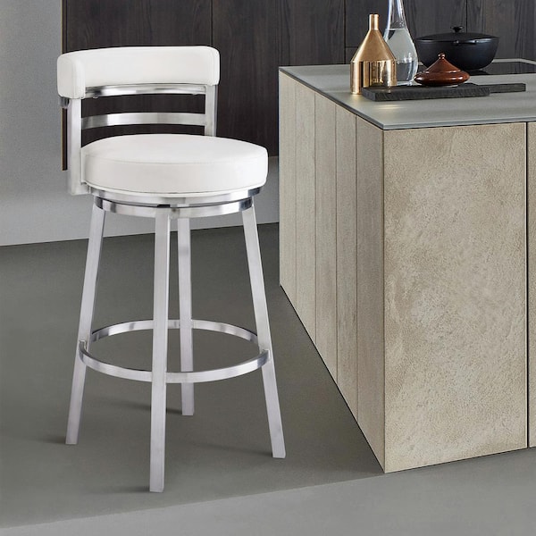 Armen Living Madrid Contemporary 30 in. Bar Height Bar Stool in Brushed Stainless Steel and White Faux Leather