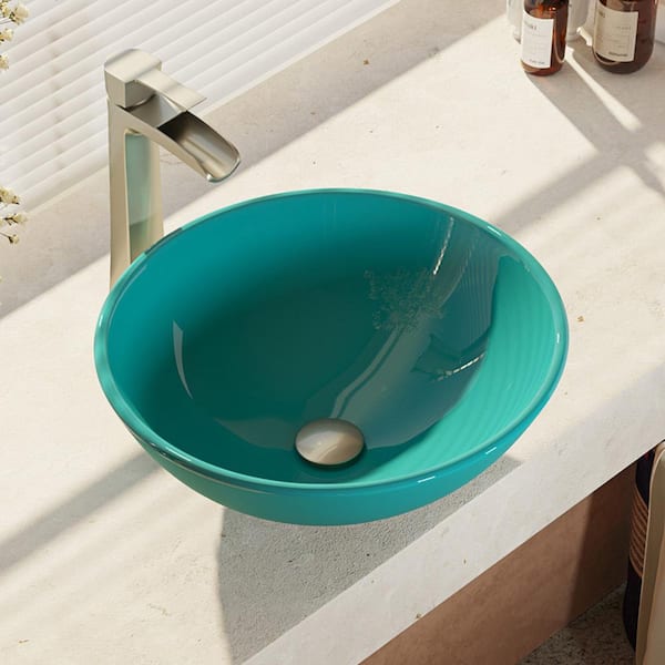 Rene Glass Vessel Sink in Cerulean with R9-7007 Faucet and Pop-Up Drain in Brushed Nickel