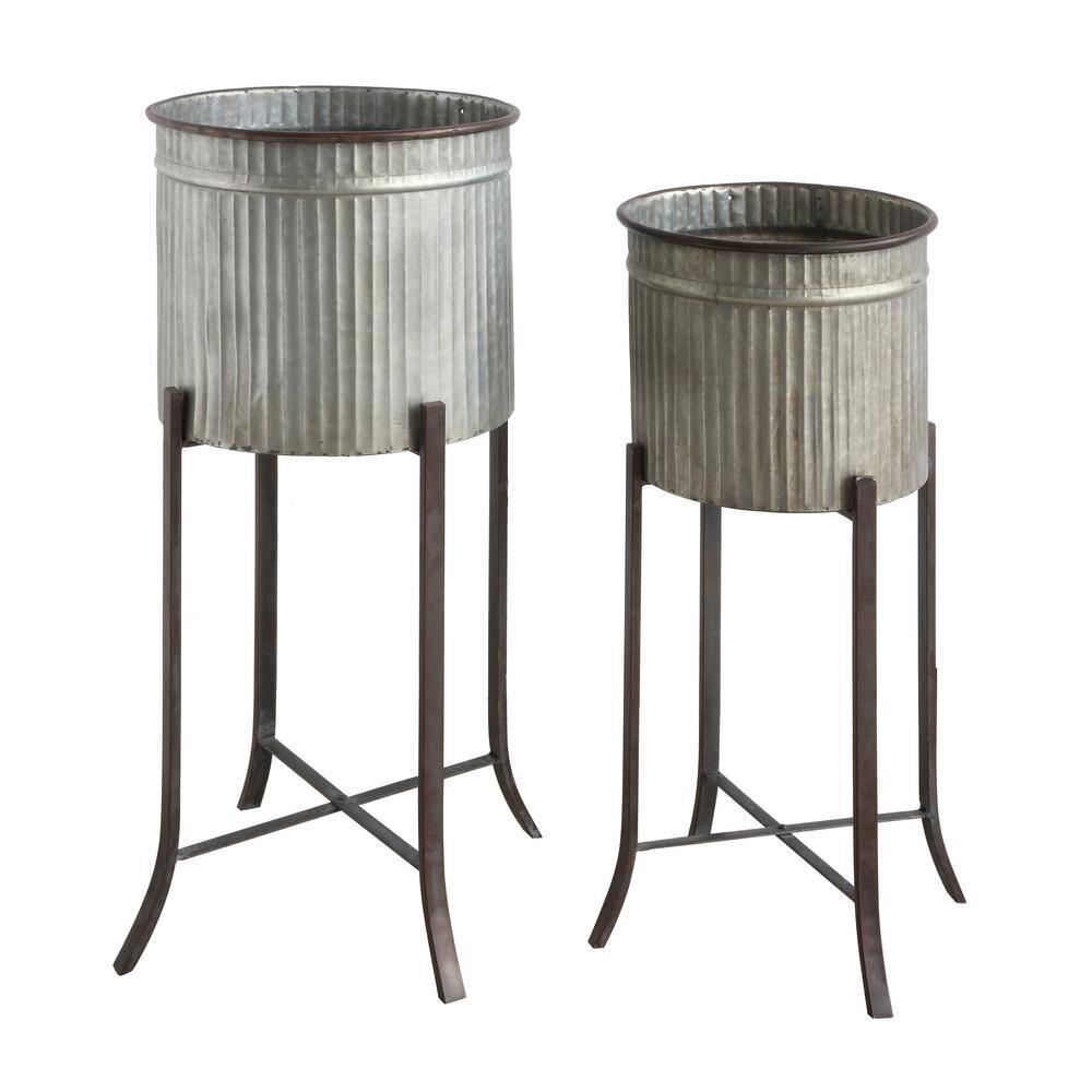 Silver and Black Corrugated Metal Round Planters with Stands, Set of 2