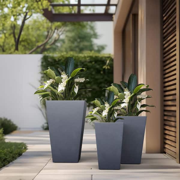 Sapcrete Modern 24.5in., 18.5in., 16in. High Large Tall Tapered Square Granite Gray Outdoor Cement Planter Plant Pots Set of 3