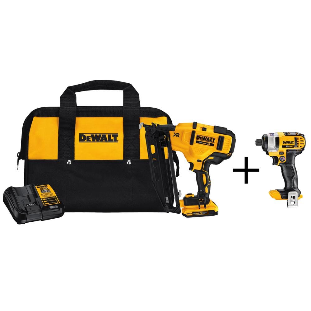 DEWALT 20V MAX 16-Gauge Cordless Angled Nailer Kit and 20V MAX 1/4 in. Cordless Impact Driver