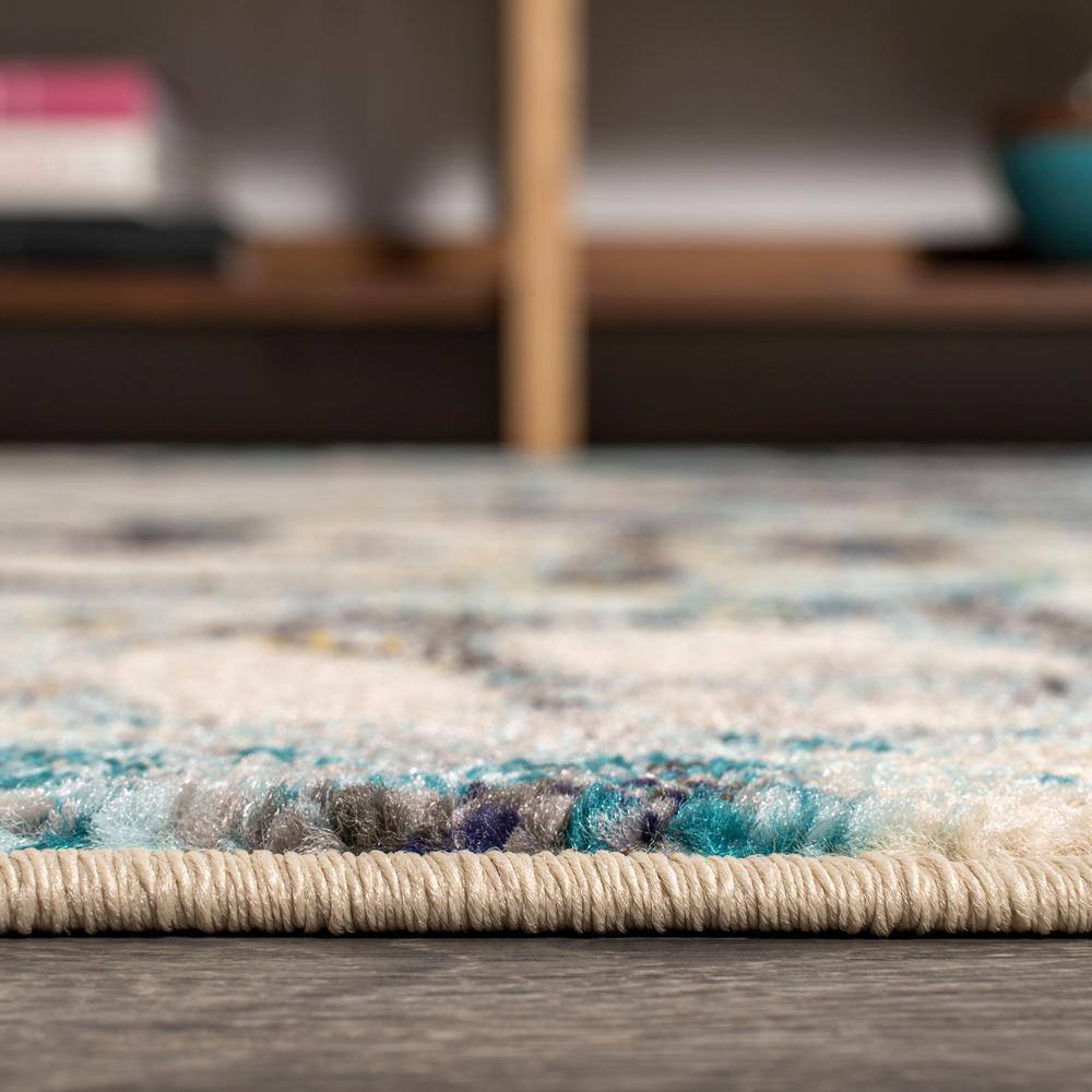 Pebble Blue and Beige Marbled Abstract Runner Rug