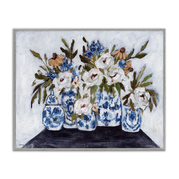 Ornate Flower Pots Still Life by Amanda Hilburn Gray Framed Nature Giclee Art Print 11 in. x 14 in.