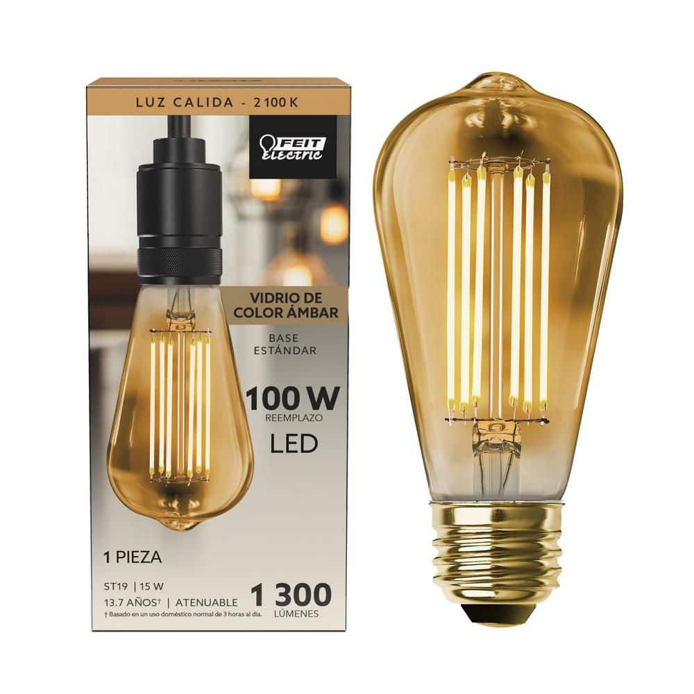 Feit Electric 100-Watt Equivalent ST19 Dimmable Straight Filament Amber Glass E26 Vintage Edison LED Light Bulb, Warm White 3000K