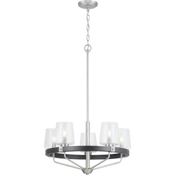 Progress Lighting Estella 5-Light Satin Nickel Chandelier with Matte Black Accents and Clear Glass Shades