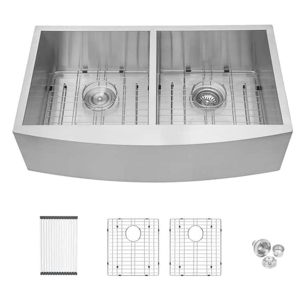 16-Gauge Stainless-Steel 33 in. Double Bowl Farmhouse Apron Front Kitchen Sink with Bottom Grid