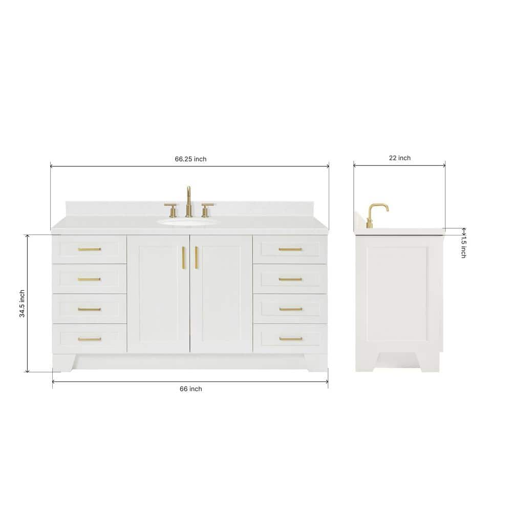 Taylor 66" White Freestanding Single Basin Vanity with Gold Hardware