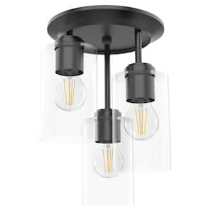 8.75 in. 3-Light Black Farmhouse Semi-Flush Mount with Shade and No Bulbs Included